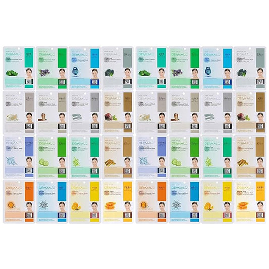DERMAL 32 Combo Pack Collagen Essence Korean Face Mask - Hydrating & Soothing Facial Mask with Panthenol - Hypoallergenic Self Care Sheet Mask for All Skin Types - Natural Home Spa Treatment Masks