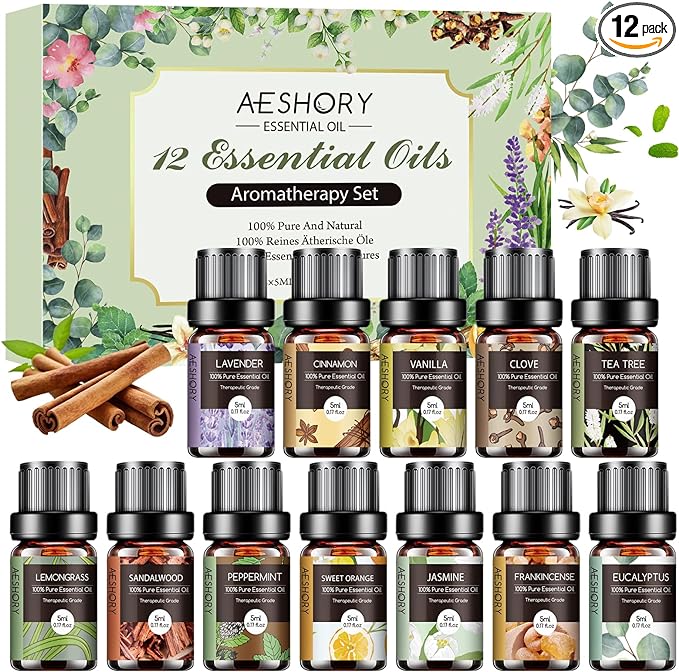 Essential Oils Set - 12 Pcs Aromatherapy Essential Oil Kit for Diffuser, Humidifier, Aromatherapy, Massage, Soap, Candle Making (5mL)