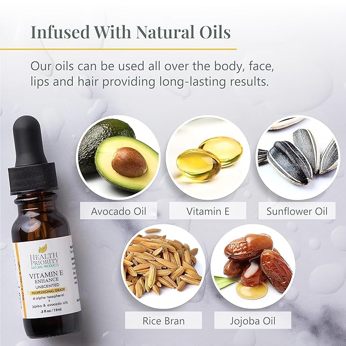 Health Priority Naturals Organic Vitamin E Oil for Skin - 0.5 Fl oz Vitamin E Serum with Jojoba and Avocado Oil - 15000 IU Unscented, Handcrafted for Face and Hair, Non-GMO and No Gluten