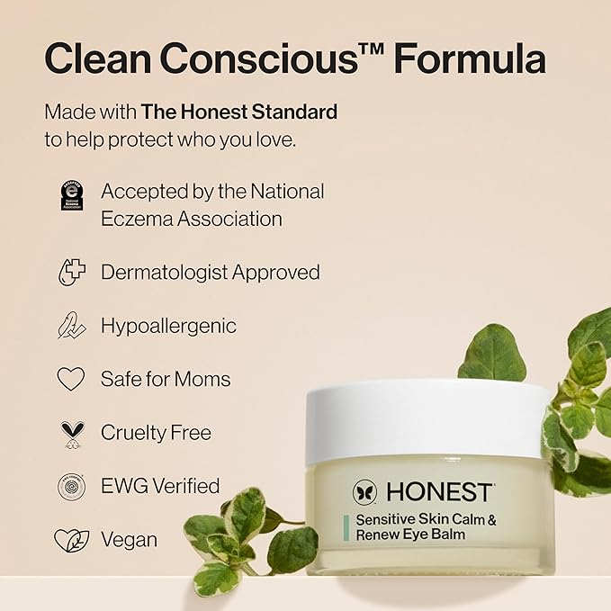 Honest Beauty Sensitive Skin Calm + Renew Eye Balm | Moisturizing + Firming | Hypoallergenic, Fragrance Free, Vegan | 0.5 oz