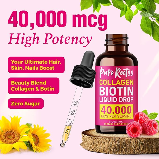 Liquid Collagen & Biotin, 2 Fl Oz (Pack of 2), 40000 mcg for Hair Skin Nails, Vitamin B7 Hydrolized Collagen Peptides Supplement for Women, Bioactive Form, Sugar Free, Raspberry Flavor