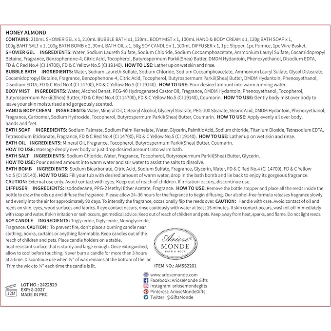 Bath & Body Gift Set, Luxury Home Spa Bath Gift Basket, Honey Almond Scented Bath Set, Pamper Gifts for Women & Teens, 15 Pcs Relaxing Home Spa Kit with Bubble Bath, Bath Salts, Body Lotion