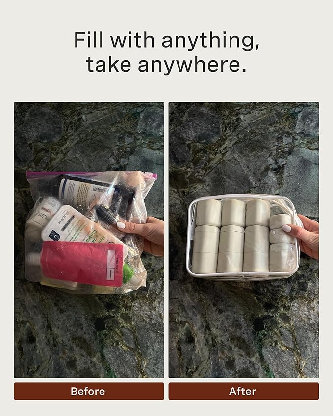 Cadence Travel Containers - Core Skincare Set - Magnetic Travel Capsules - 2 Small (0.56oz) & 3 Medium Capsules (1.32oz) with Cleanser, Moisturizer, Serum, Makeup Remover & Sun-Icon Label - Evergreen