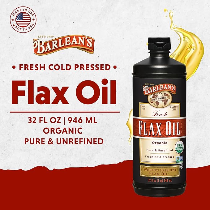 Barlean's Organic Flaxseed Oil Liquid, Cold Press Flax Seeds, 7,640mg ALA Omega 3 Fatty Acid Supplement for Joint and Heart Health & Healthy Digestion, 32 oz