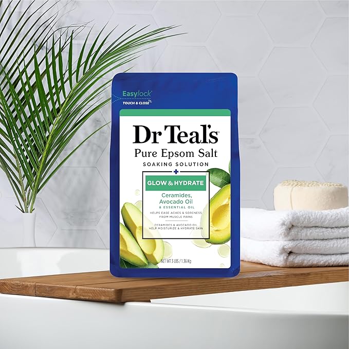 Dr Teal's Pure Epsom Magnesium Salt Soak, Glow & Hydrate with Ceramides & Avocado Essential Oils, 3 lbs