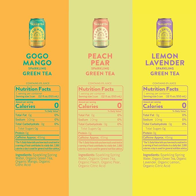 Sparkling Green Tea Variety Pack by Tama Tea - Made with Real Fruit & Herbs - Zero Sugar, Zero Calories, Non-GMO - Naturally Energizing Green Tea High in Antioxidants & Nootropics - Pack of 12