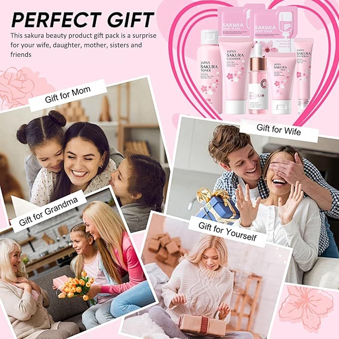 Sakura Skincare Set, Skin Care Routine Kit For Women, 7-In-1 Travel Size Toiletries Facial Kit, Deep Cleaning Skincare Kit, Teen Skin Care Kit Birthday Skincare Gift Set For Women