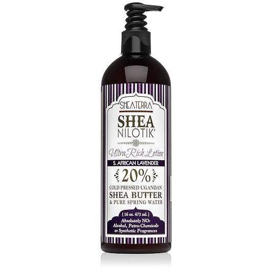 Shea Terra Organics Nilotik’ Shea Butter Ultra-Rich Lotion – S. African Lavender | Natural Daily Moisturizer that Offers Stress Relief & Skin Cell Rejuvenation with Antioxidants to Protect Skin– 16 oz