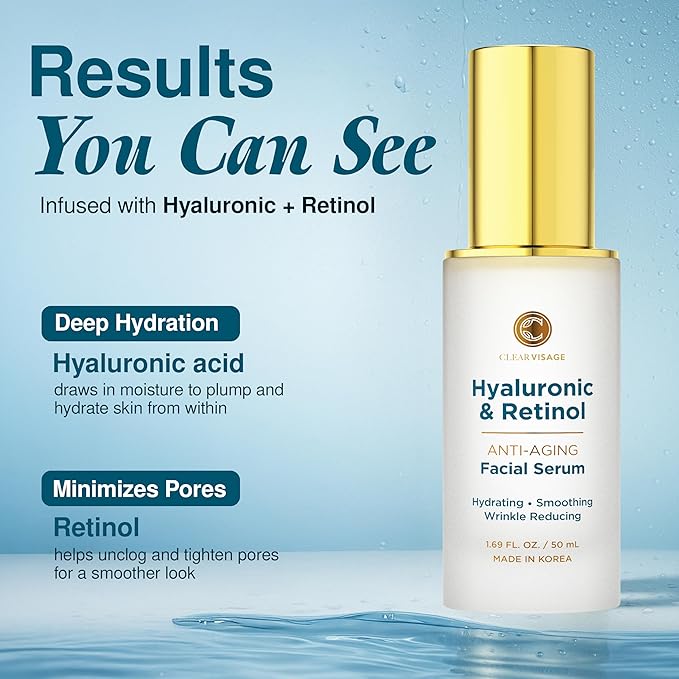 Hyaluronic Acid Serum with Retinol - Revitalizing Anti-Aging, Radiant Glowing Complexion, Wrinkle Reduction - Dermatologist Tested, Korean Skin Care, Clean Beauty - 1.69 fl. oz