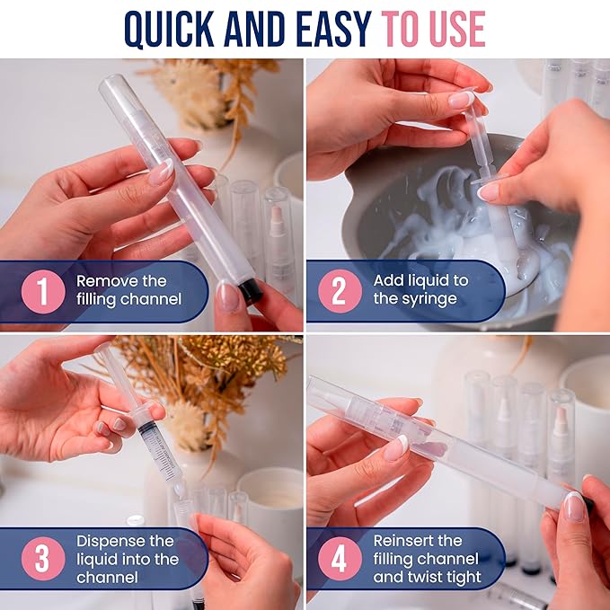 5 Refillable Beauty Applicator Pens_Multi-Use Empty Refillable Cuticle/Hair/Nail Oil Pen, Lip Gloss Tube Washable, Reusable Liquid Applicators for DIY Beauty_2 Syringes & Push Sticks