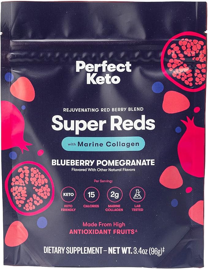 Perfect Keto Super Reds Superfood Powder, Antioxidants Supplement with Fruit & Vegetable Powder, Polyphenols & Marine Collagen, Drink Mix for Skin & Energy Support, Blueberry Pomegranate, 20 Servings