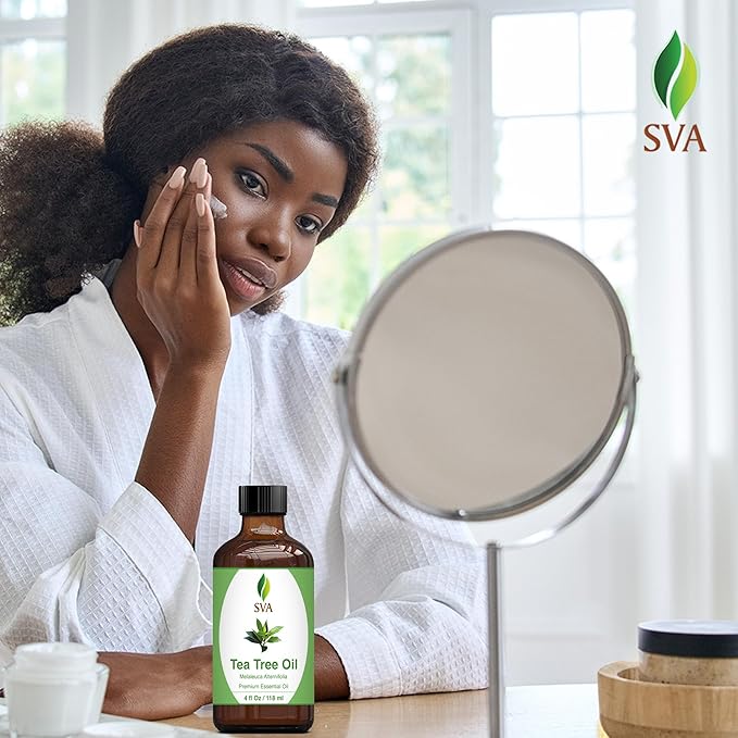 SVA Tea Tree Essential Oil – 4 Fl Oz – 100% Natural Tea Tree Oil - for Diffuser, Hair Care, Face, Skin Care, Aromatherapy, Scalp and Body Massage, Soap and Candle Making – with Dropper