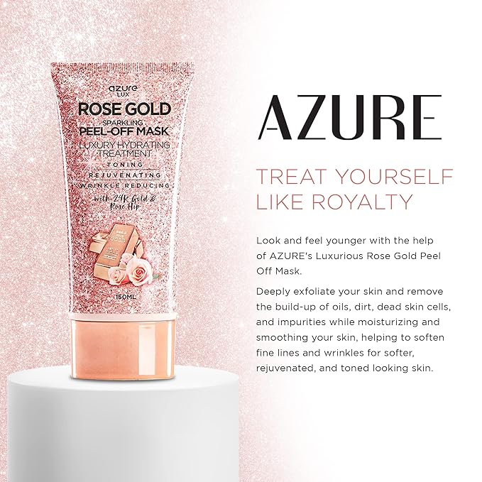 Azure Cosmetics Rose Gold Hydrating Peel Off Face Mask- Dermatologist Tested - Anti Aging, Toning & Rejuvenating - Removes Blackheads, Dirt & Oils - Real 24K Gold & Rose Hip Oil - 5.07 fl.oz.