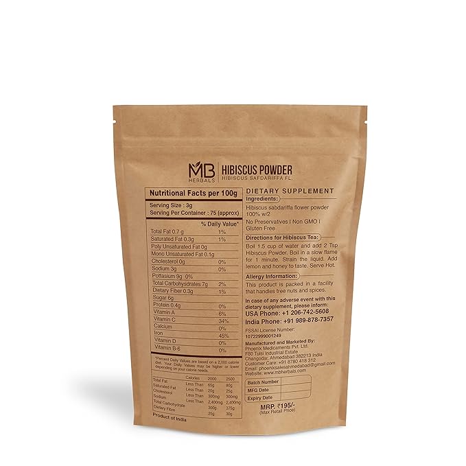 MB Herbals Hibiscus Powder | 100G | 3.5 oz | Hibiscus sabdariffa Flower Powder | For Refreshing Tea & Hair Care
