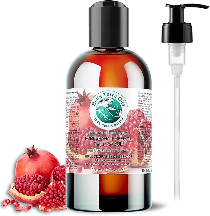 Bella Terra Oils - Organic Pomegranate Seed Oil 8 oz - Rich in Nutrients for Skin Hydration, Cold-Pressed from Organic Pomegranate Kernels