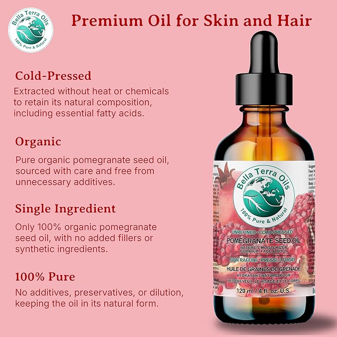 Bella Terra Oils - Organic Pomegranate Seed Oil 8 oz - Rich in Nutrients for Skin Hydration, Cold-Pressed from Organic Pomegranate Kernels