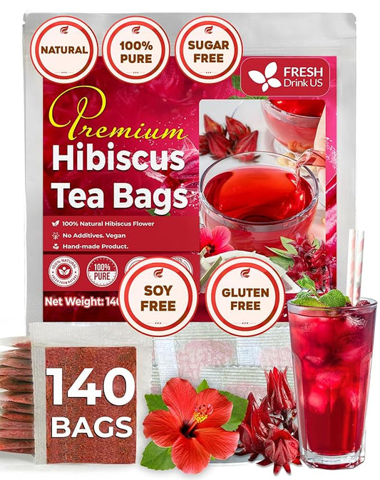 FreshDrinkUS, Premium 140 Hibiscus Flowers Tea Bags, 100% Natural, Handmade, Pure from Hibiscus Flowers. Loose Flower Hibiscus Herbal Tea. Hibiscus Flower Tea. No Sugar/Caffeine/Gluten, Vegan.