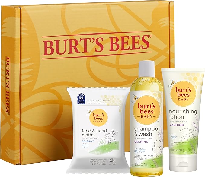 Burt's Bees Baby Gift Set for Baby Showers, Includes Baby Essentials, Shampoo and Wash with Lavender, Body Lotion, Wipes and Cloths, Naturally-Derived Origin Skincare, 3 Count