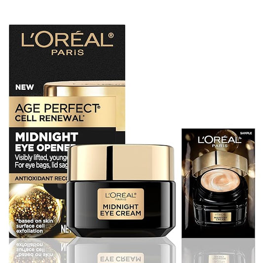 L'Oreal Paris Age Perfect Cell Renewal Midnight Eye Cream, Antioxidant-Rich Under Eye Cream to Treat 8 Signs of Aging, Includes Night Cream Sample