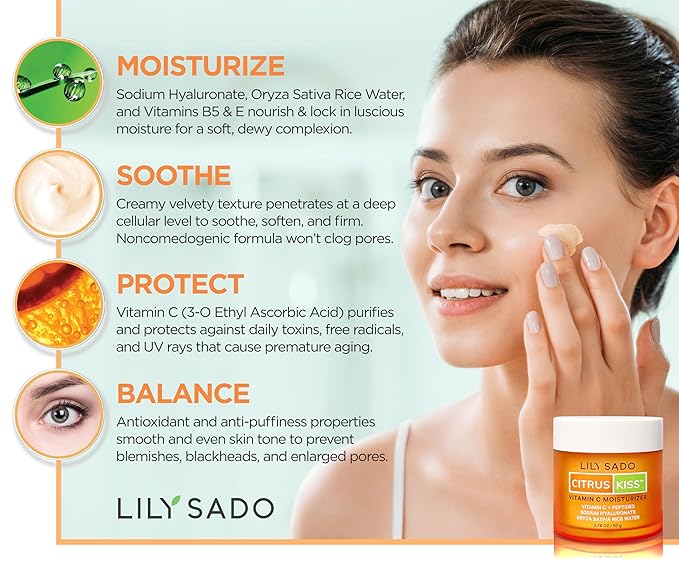LILY SADO CITRUS KISS™ Vitamin C Moisturizer - Anti-Wrinkle Natural Vegan Daily Face Moisturizing Lotion - Hydrates, Softens, Firms & Tones for Healthy, Glowing & Radiant Skin. For Women & Men