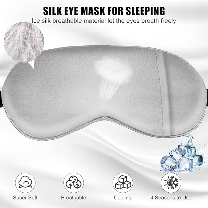 Sleep Mask w/ Cooling Gel Eye Mask, Silk Eye Mask for Sleeping, Hot & Cold Eye Masks, Blindfold Eye Cover Sleeping Mask for Home Office Travel, Yoga, Stocking Stuffers for Men Women (Grey)