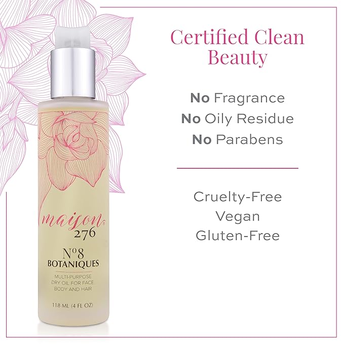 Maison 276 No. 8 Botaniques Multi-Purpose Moroccan Oil Moisturizer for Face, Body & Hair, After Bath & Shower Body Oil For Women & Men, Paraben Free, Sulfate Free, 4 Fl Oz