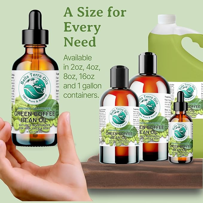 Bella Terra Oils - Green Coffee Bean Oil 4 oz - Rich in Quinic Acid & Lignans, Cold-Pressed from Authentic Coffee Beans, Premium Skin Nourishment