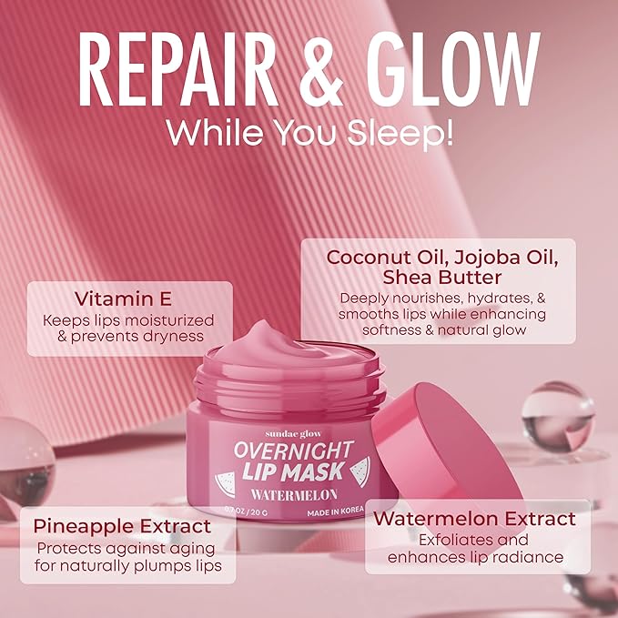 Watermelon Lip Mask - Dermatologist Tested, Anti-Aging, Korean Skin Care, Deep Hydration, Overnight Lip Repair - Vegan, Clean Beauty, 95% Natural, Cruelty-Free - 1 Pack