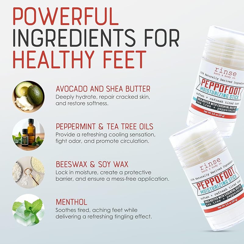 Rinse Bath & Body Peppofoot Heel Balm Stick - Handmade Heel Balm for Dry Cracked Feet with Peppermint and Tea Tree Oils | Ultra Moisturizing | No Mess Cracked Heel Stick | All Natural | 2oz