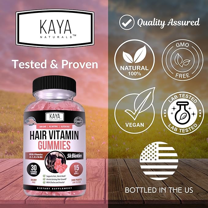 Kaya Naturals Hair Growth Gummies - Biotin 5000mcg Vitamins for Healthy Hair, Skin, and Nails - Beauty Supplement for Women or Men - 30 Count - Blueberry Flavor