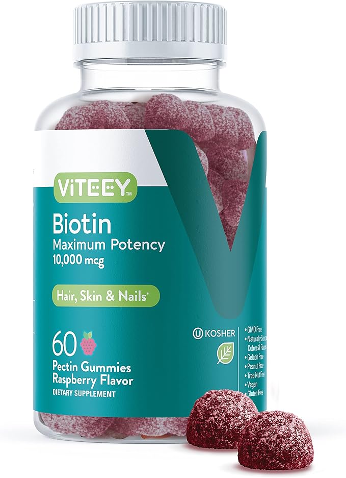 Biotin Gummies for Hair Skin Nails 10,000mcg - Hair Growth Gummies, Healthy Skin Glow, Strong Healthy Nail Growth - Vegan, Gluten Free, Gelatin Free, GMO Free - Tasty Chewable Raspberry Flavor