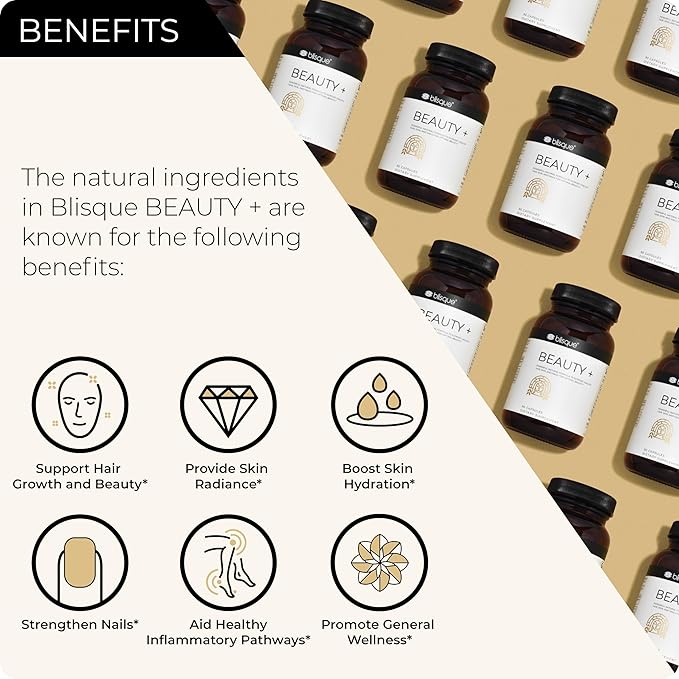 Blisque - Natural Beauty Supplement for Nail Strength, Hair Growth, and Skin Care | with Biotin & Hyaluronic Acid | Doctor Approved | Vegan and Non-GMO | 90 Capsules