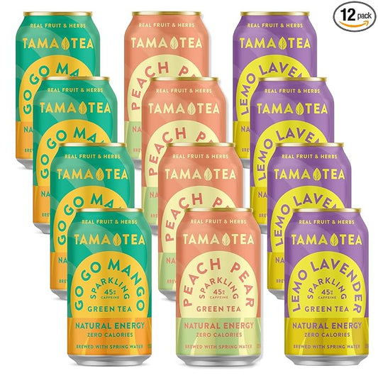 Sparkling Green Tea Variety Pack by Tama Tea - Made with Real Fruit & Herbs - Zero Sugar, Zero Calories, Non-GMO - Naturally Energizing Green Tea High in Antioxidants & Nootropics - Pack of 12