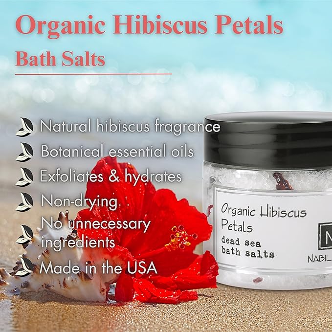 Organic Hibiscus Petals Bath Salts by Nabila K - Dead Sea Salt & Epsom Salt Scrub & Soak - Exfoliates & Hydrates Skin, Botanical Essential Oils - Bubble Bath Accessories for All Skins Types, 8 oz