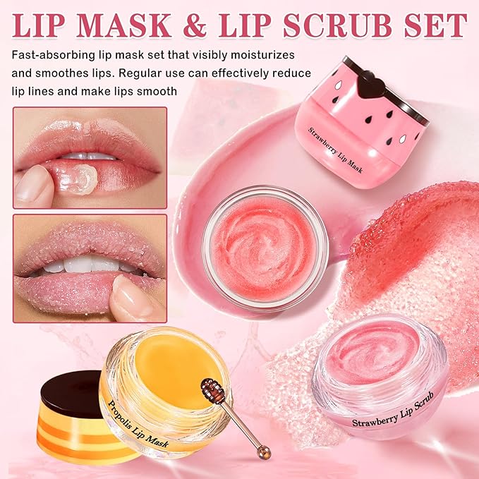 4PCS Lip Scrub and Mask Set,Strawberry and Honey Pot Lip Balm,Reduces Lip Lines Lip Exfoliator Scrub and Moisturizer,Repair Beebalm Lip Balm and Lip Scrub Set,Lip Mask Overnight