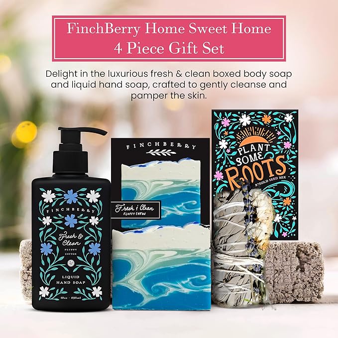 FinchBerry Home Sweet Home Gift Set – Perfect Housewarming Present – Includes Boxed Soap, Liquid Hand Soap, Sage Stick, and Plant Some Roots Seed Packet – Thoughtful Gift for Friends & Family