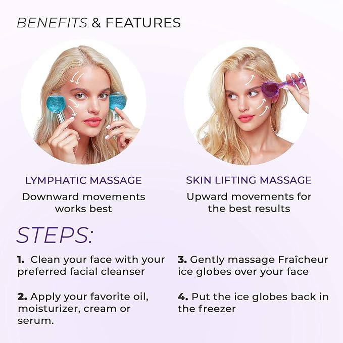 FRAÎCHEUR ICE GLOBES | Frozen Cryo Roller for Cold Facial Massage | Skincare Cooling Glass Massager with Anti-Freeze Liquid Inside | Reduce Puffiness, Pores and | Bonus Massage Techniques eBook (BLUE)