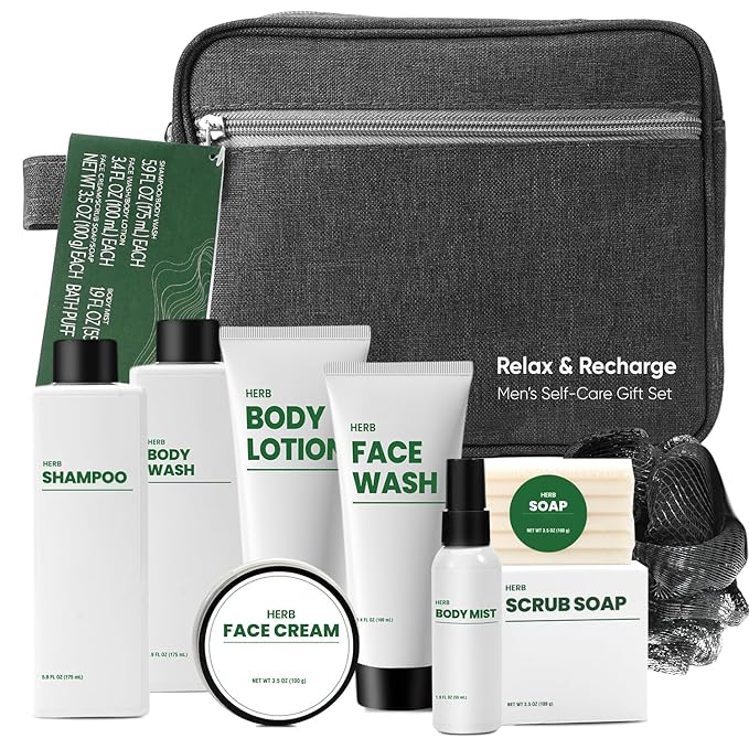 Bath Gifts for Men, 10 Pcs Herbal Mens Spa Set, Bath and Body Gift Basket Includes Shower Gel, Face Wash, Face Cream & More, Fathers Day Gifts for Him