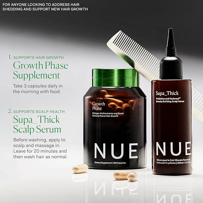 The Nue Co. GROWTH Phase Supplement, Supports Hair Growth, Reduces Breakage, Thicker & Fuller Hair, Contains Vitamins, Reishsi Mushrooms, Proteins & Adaptogens, Vegan, Gluten Free, 30 Capsules