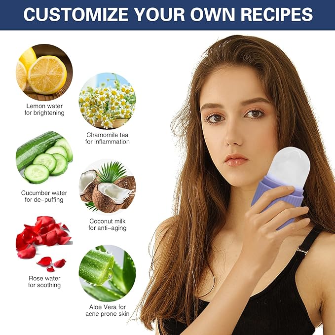 Ice Roller for Face,Silicone Facial Massage Ice Mold,Ice Cube Mold for Face Eye and Neck,Naturally Tone and Tighten Skin,de-puff Eye Bags,Reusable Beauty Ice Facial Roller for Woman Gift (Purple)