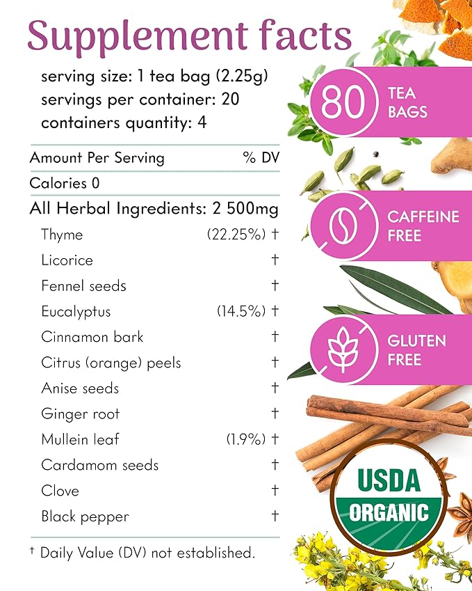 Adanim Bio Eucalyptus Mullein Tea, 40 Teabags of Organic Eucalyptus, Thyme, and Mullein. Providing Health Benefits to the Lungs. USDA-certified and Kosher tea