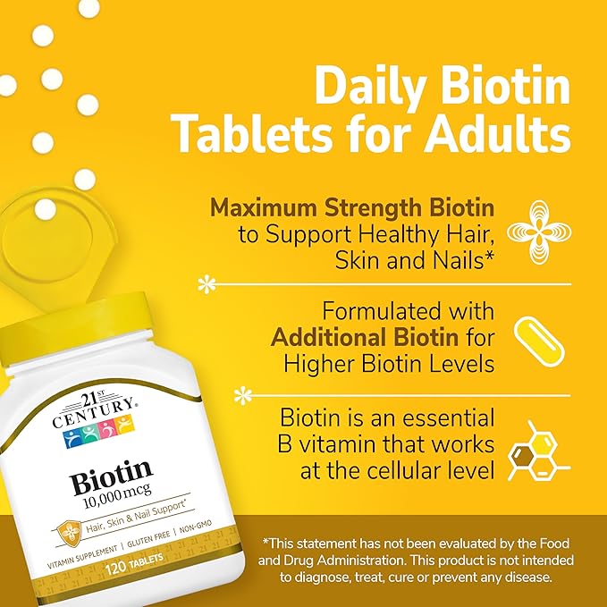 21st Century Biotin Tablets, 10,000 mcg, Unflavored 120 Count