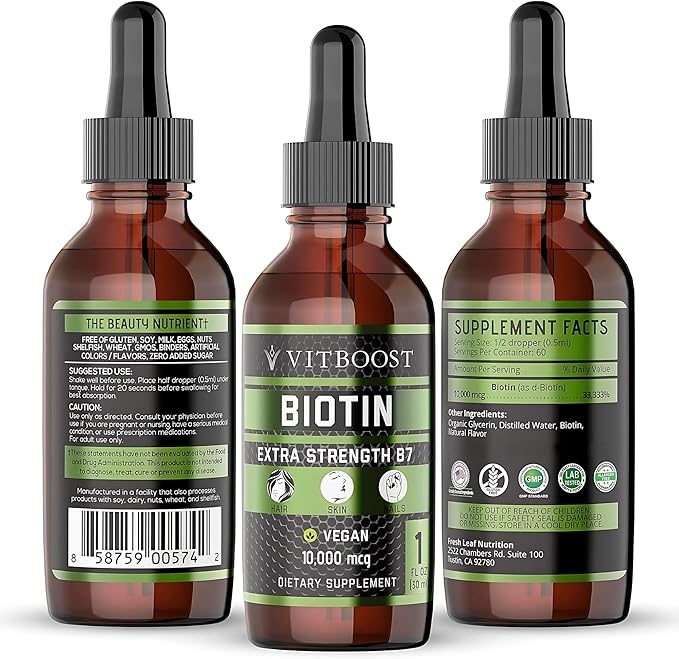 Extra Strength 10,000mcg Biotin Liquid Drops with Organic Berry Flavor | 60 Servings | Vegan Formula Supports Hair Growth, Strong Nails, Healthy Skin | NO Artificial Preservatives