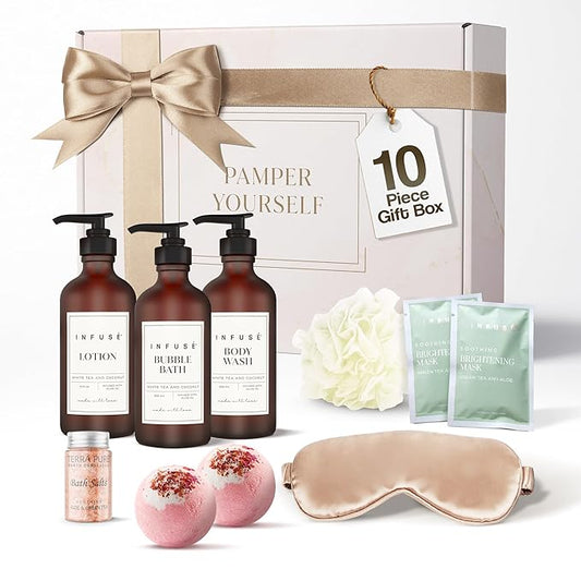 10-Piece Spa Gift Box for Women | Self-Care Set with Eye Mask, Loofa, Bath Bombs, Face Masks, Bubble Bath, Lotion, Body Wash & Bath Salt | Perfect Gift for Mom, Grandma, Wife, or Loved Ones