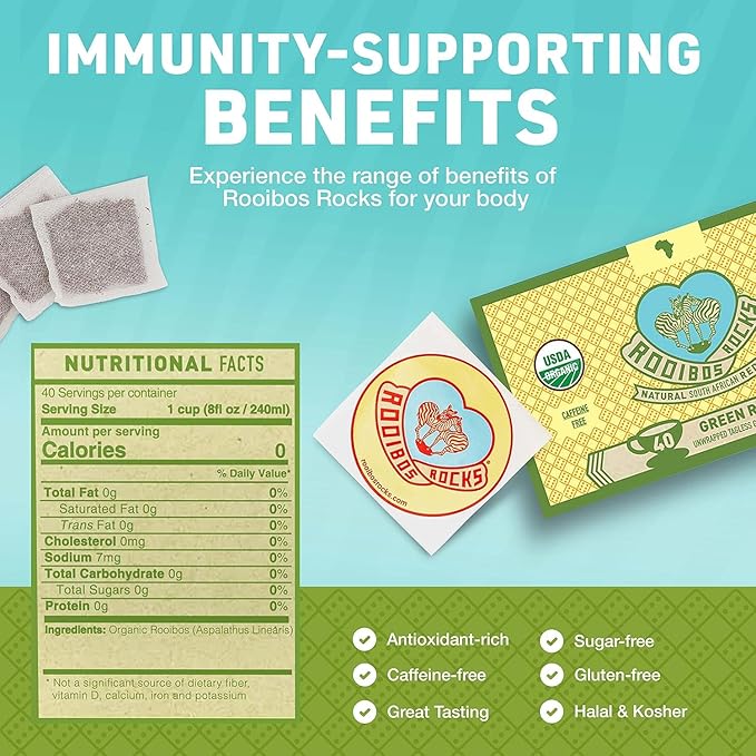 Organic Green Rooibos Tea Bags - 40 Rooibos Green Tea Bags – Naturally Sweet Herbal Tea Rich in Antioxidants – Kid & Pregnancy Safe Tea - USDA Organic Rooibos Tea, Lighter-Bodied Caffeine Free Tea