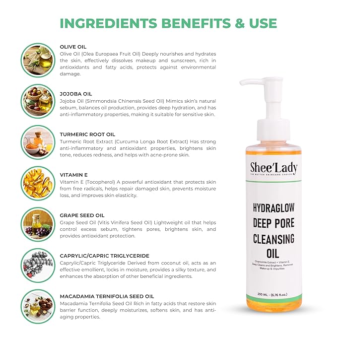 Shee'lady Hydraglow Deep Pore Cleansing Oil, limpiador facial en aceite – Best Cleansing Oil for Face, Blackhead & Makeup Remover Korean Skin Care, 6.76 fl oz (200ml)