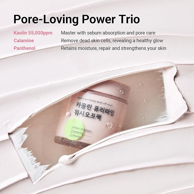 Kaolin Purifying Wash Off Pack, Pore Cleansing Mask for Dry Sensitive Skin, Softening amd Hydrating, Korean Skincare (3.88oz / 110g)