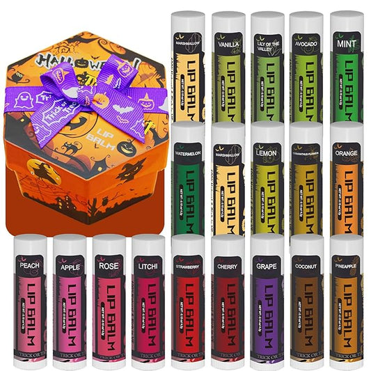 Yopela 19 Pack Halloween Natural Lip Balm Bulk with Vitamin E and Coconut Oil Lip Care Set - Moisturizing, Soothing, and Repairing Dry and Chapped Lips - 18 Flavors - Non-GMO