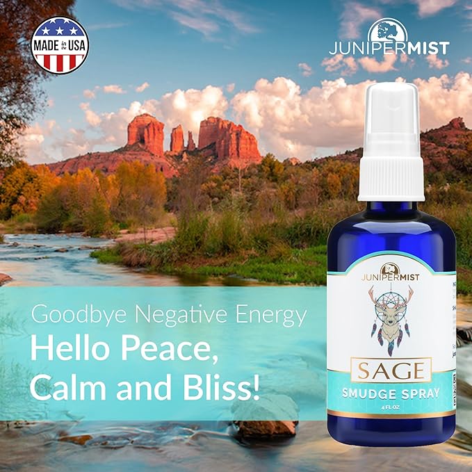 White Sage Smudge Spray (4 Fl Oz) - for Cleansing Negative Energy - Sage Spray Alternative to Incense Sticks - Sustainably Made in USA with Pure Essential Oils and Real Crystals