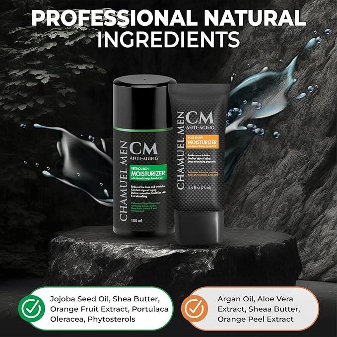 Day & Night Skincare Set for Men | Includes Anti-aging Post Shave Moisturizer + Night Moisturizer w/Retinol. The Essential Kit for Day & Night Skincare for Men. Organic Key Ingredients!